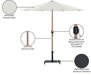 Meridian Furniture Fiji Outdoor Patio Umbrella with Weighted Base Teak Pole Water Resistant Canopy 55014White-AB