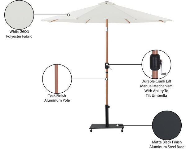 Meridian Furniture Fiji Outdoor Patio Umbrella with Weighted Base Teak Pole Water Resistant Canopy 55014White-AB