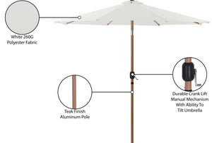 Meridian Furniture Fiji Outdoor Patio Umbrella with Uv Resistant Polyester Canopy and Teak Aluminum Pole Shade White 55014 55014White-U