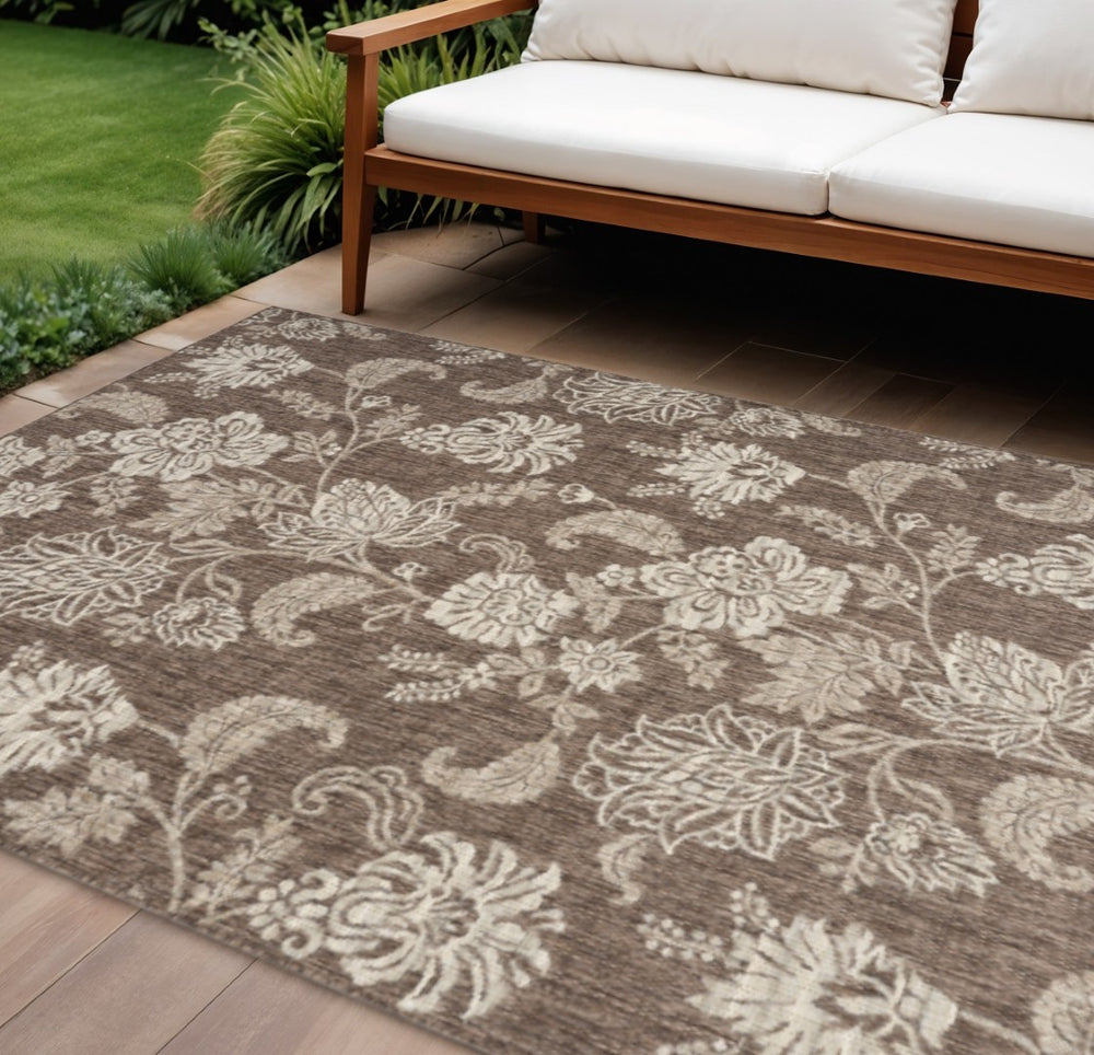HomeRoots 6' Brown and Ivory Floral Area Rug - Durable, Versatile Indoor/Outdoor Carpet for High-Traffic Spaces 550158