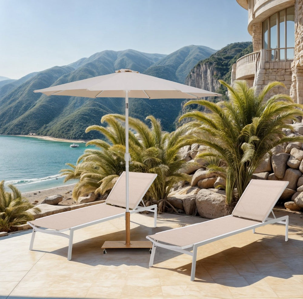 Meridian Furniture Fiji Outdoor Umbrella with Teak Base Beige Polyester Canopy and Aluminum Pole Patio Set 55015Beige-AT