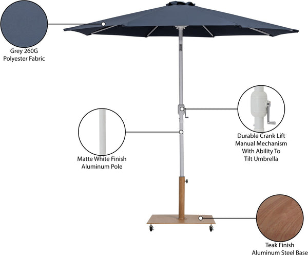 Meridian Furniture Fiji Outdoor Patio Umbrella with Teak Base Aluminum Pole Uv Resistant Canopy 55015Grey-AT