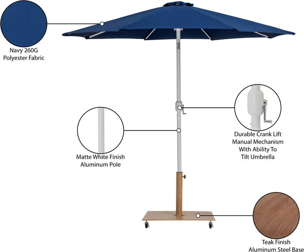 Meridian Furniture Fiji Outdoor Patio Umbrella with Teak Rolling Base Uv Resistant Polyester Canopy 55015Navy-AT