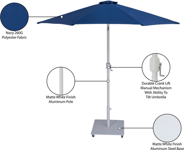 Meridian Furniture Fiji Outdoor Patio Umbrella Set with Wheeled Base Navy Polyester Uv Canopy 55015Navy-AW