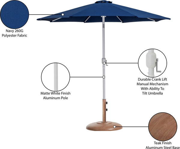 Meridian Furniture Fiji Outdoor Patio Umbrella with Teak Base Navy Polyester Canopy Aluminum Pole 55015Navy-BT