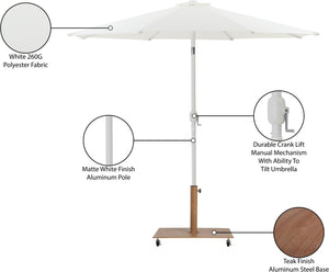 Meridian Furniture Fiji Outdoor Patio Umbrella with Teak Rolling Base Polyester Canopy Resort Style 55015White-AT