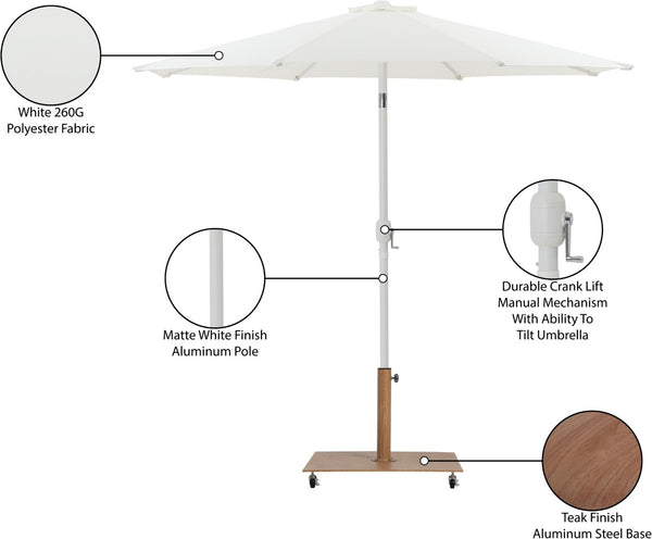 Meridian Furniture Fiji Outdoor Patio Umbrella with Teak Rolling Base Polyester Canopy Resort Style 55015White-AT