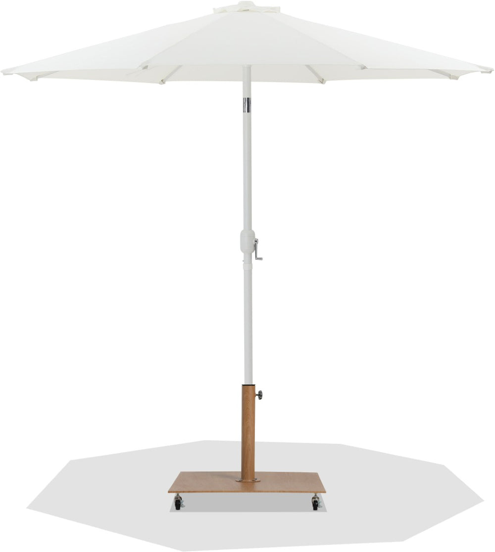 Meridian Furniture Fiji Outdoor Patio Umbrella with Teak Rolling Base Polyester Canopy Resort Style 55015White-AT