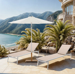 Meridian Furniture Fiji Outdoor Patio Umbrella with Teak Rolling Base Polyester Canopy Resort Style 55015White-AT