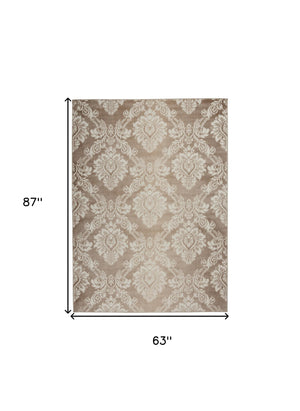 Homeroots 5' X 7' Taupe And Ivory Damask Distressed Non Skid Area Rug  Polypropylene,Polyester 550161