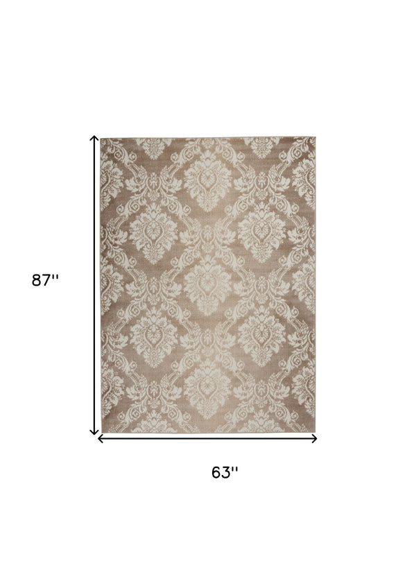 Homeroots 5' X 7' Taupe And Ivory Damask Distressed Non Skid Area Rug  Polypropylene,Polyester 550161
