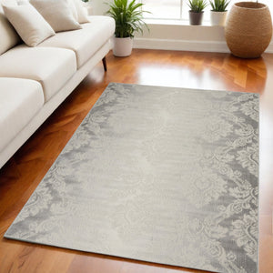 Homeroots 5' X 7' Gray And Ivory Damask Distressed Non Skid Area Rug  Polypropylene,Polyester 550162