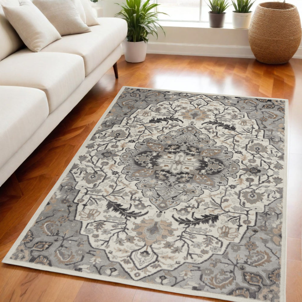 Homeroots 5' X 7' Gray And Ivory Floral Non Skid Area Rug  Polypropylene,Polyester 550164