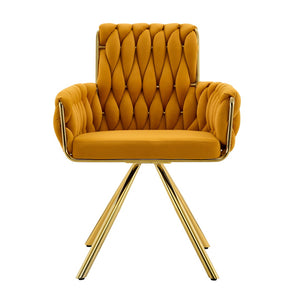 English Elm Set of 2 Velvet Upholstered Dining Chairs Braided Rope Back Glam Metal Legs Gold,Yellow W3875P383935