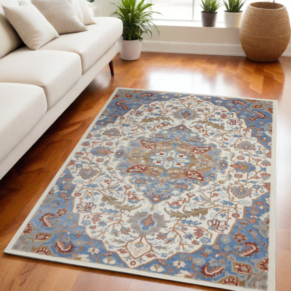 Homeroots 5' X 7' Ivory Blue And Gray Floral Non Skid Area Rug  Polypropylene,Polyester 550165
