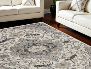 Homeroots 6' X 9' Ivory Black And Gray Floral Non Skid Area Rug  Polypropylene,Polyester 550166