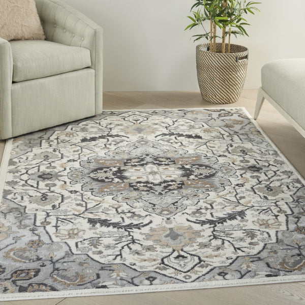 HomeRoots 6' Elegant Ivory Black and Gray Floral Area Rug - Non-Skid, Durable, Perfect for High-Traffic Spaces 6' X 9' 550166