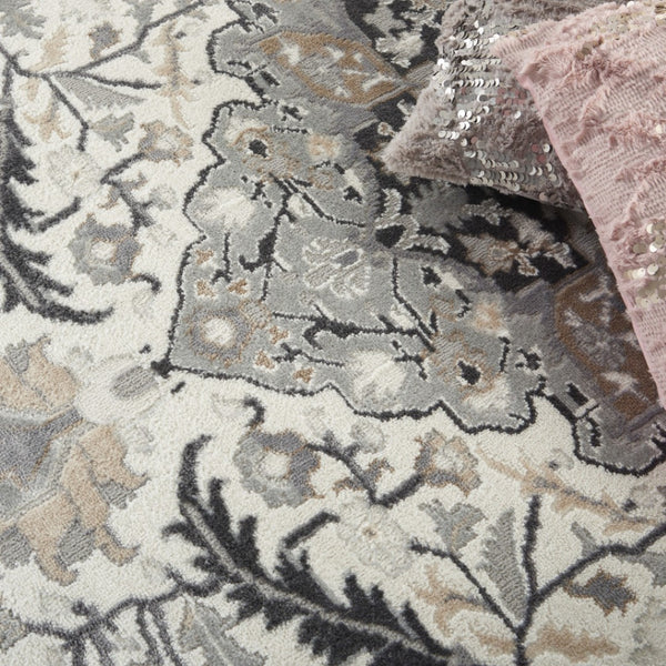 HomeRoots 6' Elegant Ivory Black and Gray Floral Area Rug - Non-Skid, Durable, Perfect for High-Traffic Spaces 6' X 9' 550166