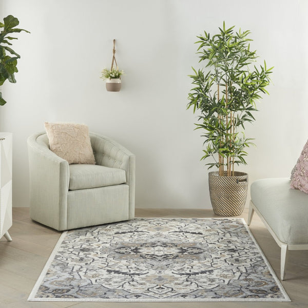 HomeRoots 6' Elegant Ivory Black and Gray Floral Area Rug - Non-Skid, Durable, Perfect for High-Traffic Spaces 6' X 9' 550166
