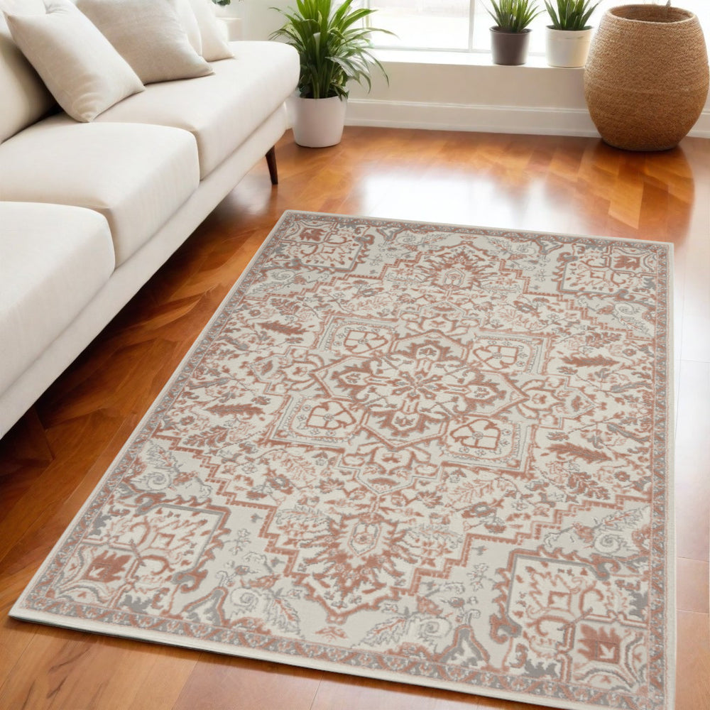 Homeroots 5' X 7' Ivory And Light Taupe Floral Non Skid Area Rug  Polypropylene,Polyester 550167