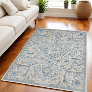 Homeroots 5' X 7' Ivory Blue And Gray Floral Non Skid Area Rug  Polypropylene,Polyester 550168