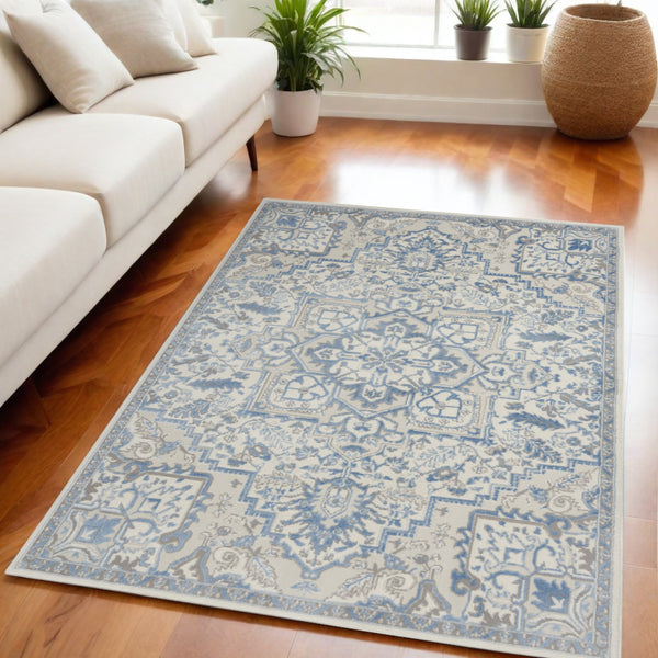 Homeroots 5' X 7' Ivory Blue And Gray Floral Non Skid Area Rug  Polypropylene,Polyester 550168