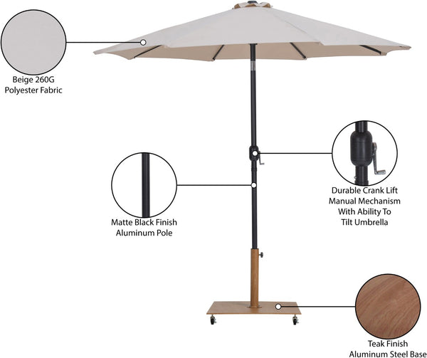 Meridian Furniture Fiji Outdoor Patio Umbrella with Teak Rolling Base Uv Resistant Aluminum Pole 55016Beige-AT