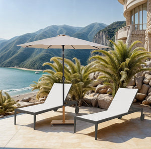 Meridian Furniture Fiji Outdoor Patio Umbrella with Teak Rolling Base Uv Resistant Aluminum Pole 55016Beige-AT