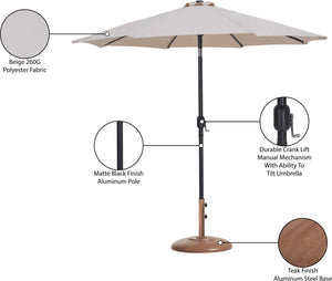 Meridian Furniture Fiji Outdoor Patio Umbrella with Teak Base Aluminum Pole Uv Fade Resistant Canopy 55016Beige-BT