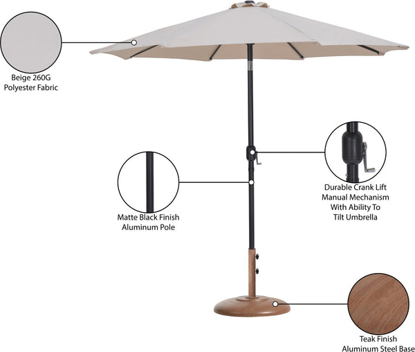 Meridian Furniture Fiji Outdoor Patio Umbrella with Teak Base Aluminum Pole Uv Fade Resistant Canopy 55016Beige-BT