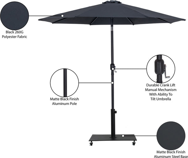 Meridian Furniture Fiji Matte Black Aluminum Outdoor Umbrella with Rolling Base for Patio Shade 55016Black-AB