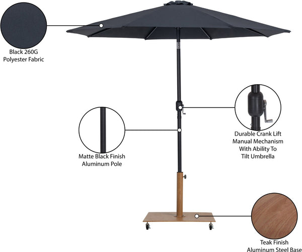 Meridian Furniture Fiji Matte Black Aluminum Patio Umbrella with Teak Base Uv Rated Weather Shield 55016Black-AT