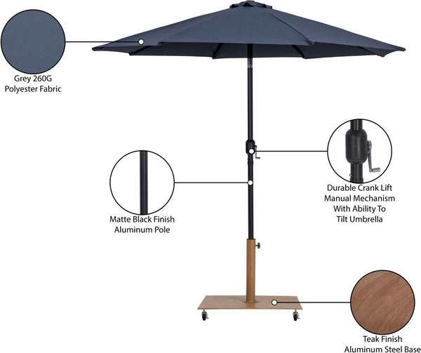 Meridian Furniture Fiji Outdoor Patio Umbrella with Teak Rolling Base Uv Resistant Grey Canopy 55016Grey-AT