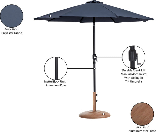 Meridian Furniture Fiji Outdoor Patio Umbrella with Teak Base Fade Resistant Polyester Canopy Set 55016Grey-BT