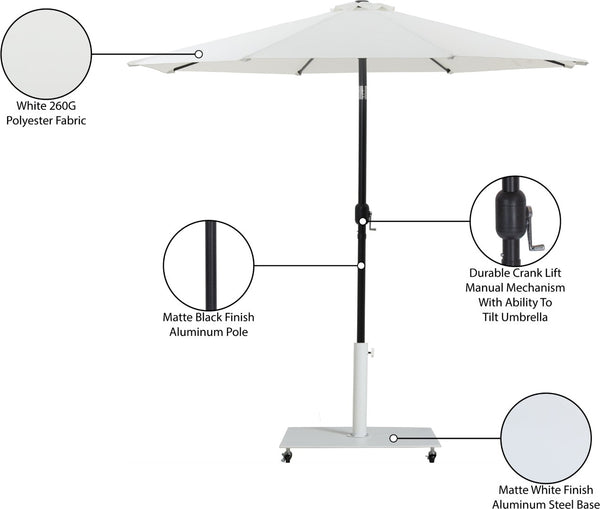 Meridian Furniture Fiji Outdoor Patio Umbrella with Rolling Base Fade Resistant White Polyester Canopy 55016White-AW