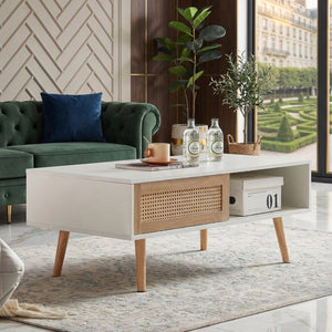 English Elm 41.34" Rattan Panel Coffee Table with Sliding Storage Door and Solid Wood Legs W1265107718