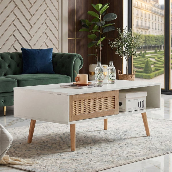 English Elm 41.34" Rattan Panel Coffee Table with Sliding Storage Door and Solid Wood Legs W1265107718