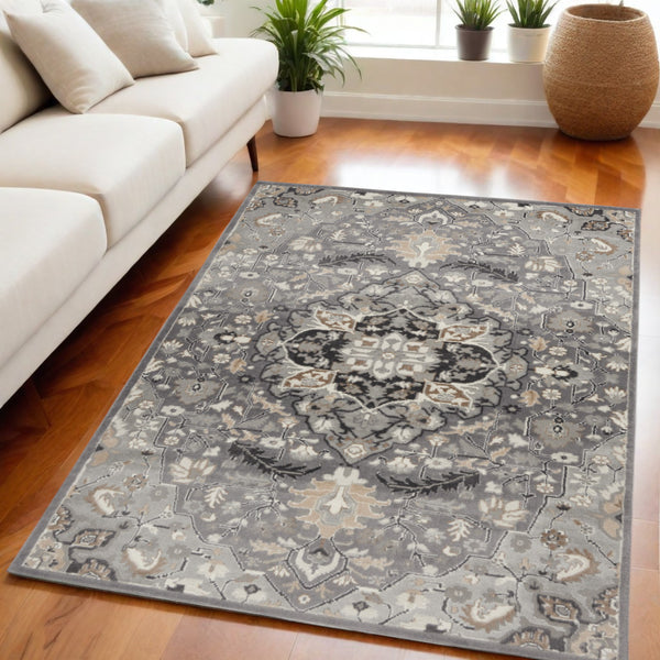 Homeroots 5' X 7' Black And Gray Floral Medallion Non Skid Area Rug  Polypropylene,Polyester 550178