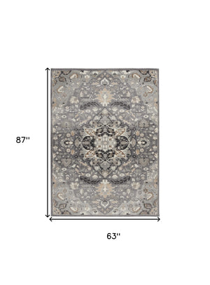 Homeroots 5' X 7' Black And Gray Floral Medallion Non Skid Area Rug  Polypropylene,Polyester 550178