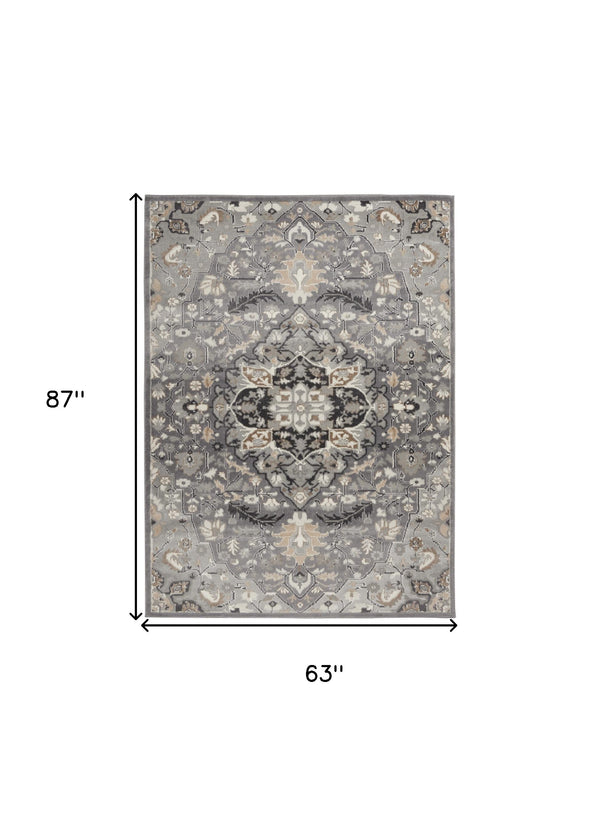 Homeroots 5' X 7' Black And Gray Floral Medallion Non Skid Area Rug  Polypropylene,Polyester 550178