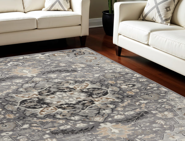 Homeroots 6' X 9' Black And Gray Floral Medallion Non Skid Area Rug  Polypropylene,Polyester 550179