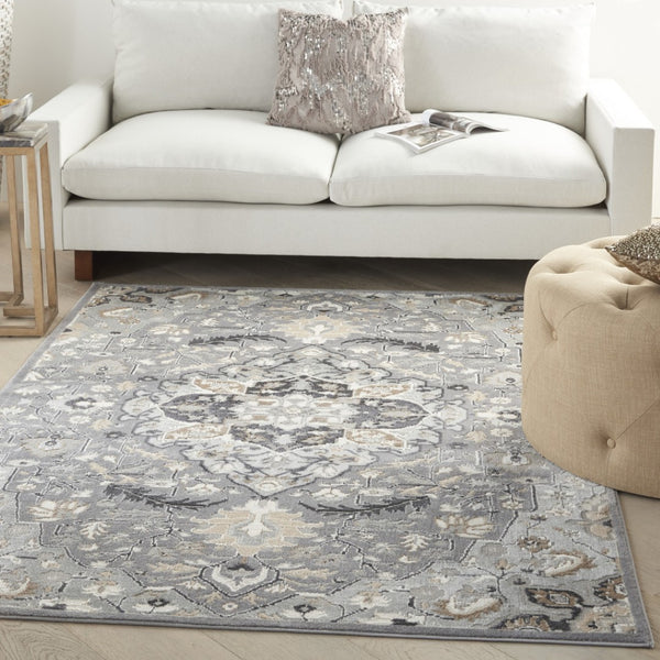 HomeRoots 6' Elegant Ivory Black and Gray Floral Area Rug - Non-Skid, Durable, Perfect for High-Traffic Spaces 6' X 9' 550179