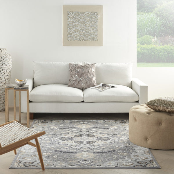 HomeRoots 6' Elegant Ivory Black and Gray Floral Area Rug - Non-Skid, Durable, Perfect for High-Traffic Spaces 6' X 9' 550179