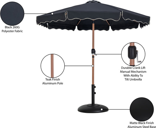 Meridian Furniture Amalfi Outdoor Patio Umbrella with Base Teak Pole Water Resistant Canopy 55017Black-BB