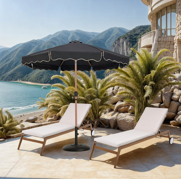 Meridian Furniture Amalfi Outdoor Patio Umbrella with Base Teak Pole Water Resistant Canopy 55017Black-BB