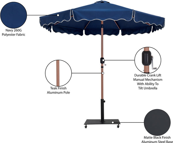 Meridian Furniture Amalfi Resort Style Navy Polyester Patio Umbrella with Teak Pole and Wheeled Base 55017Navy-AB
