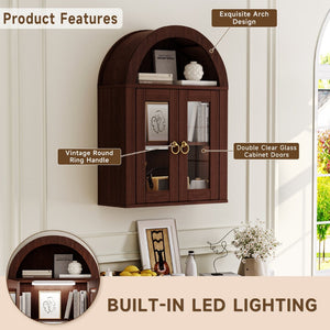 English Elm Wall Mounted Arched Cabinet Tempered Glass Doors Led Lighting Adjustable Shelves Bathroom Brown T3210P471553
