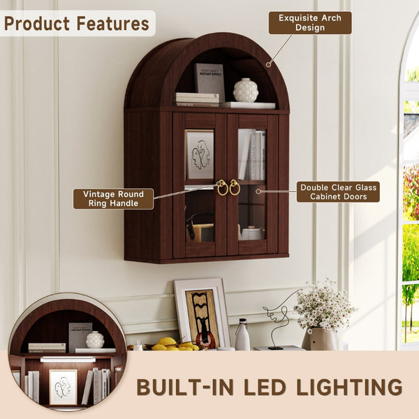 English Elm Wall Mounted Arched Cabinet Tempered Glass Doors Led Lighting Adjustable Shelves Bathroom Brown T3210P471553