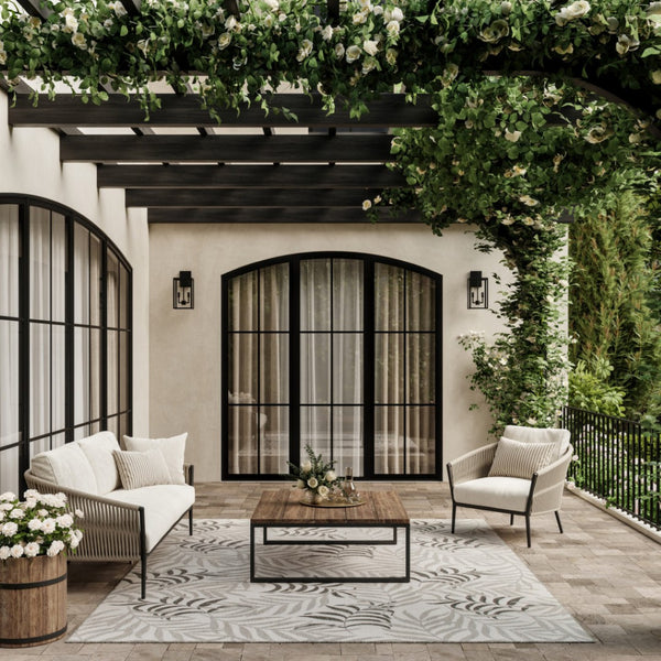 HomeRoots 6' X 9' Coastal Palm Leaf Area Rug - Durable, Low-Maintenance Indoor/Outdoor Style in Gray & Ivory 550187