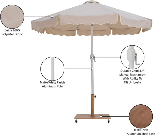 Meridian Furniture Amalfi Outdoor Patio Umbrella Set with Teak Base Aluminum Pole Uv Resistant Canopy 55018Beige-AT